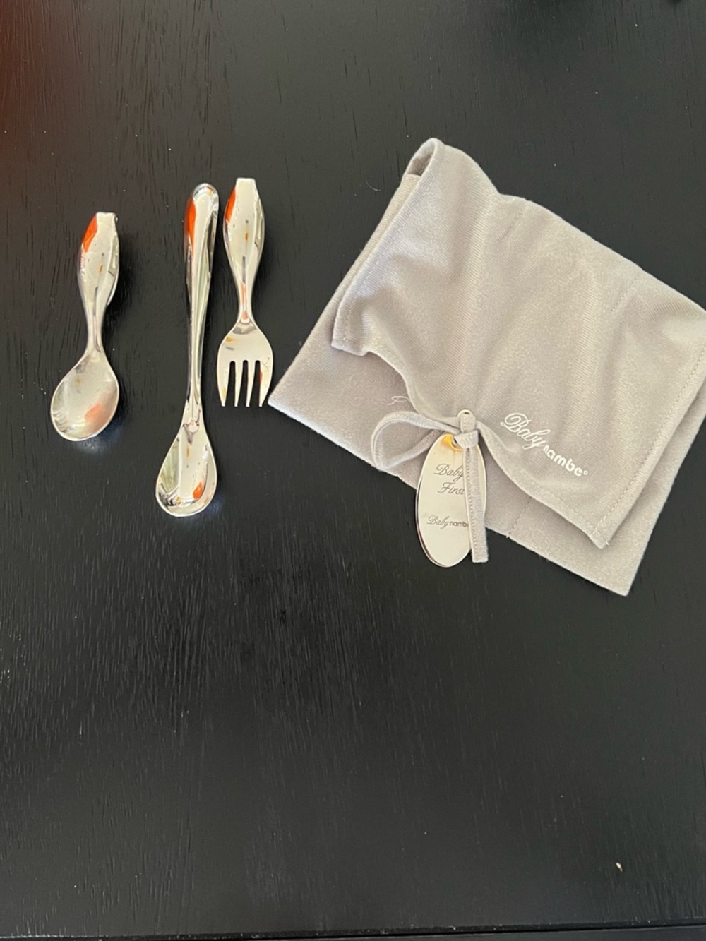 Nambe Silver Baby Flatware Set with Gray Pouch